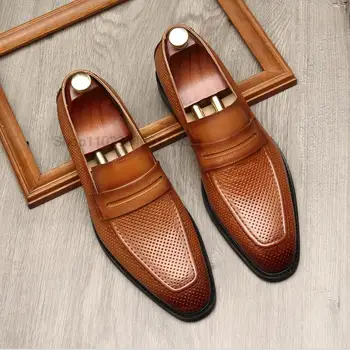 Дишащи мъжки лоферы с дърворезба, черни мъжки модел обувки от естествена телешка кожа, италиански дизайнерски сватбени обувки без закопчалка ръчно изработени