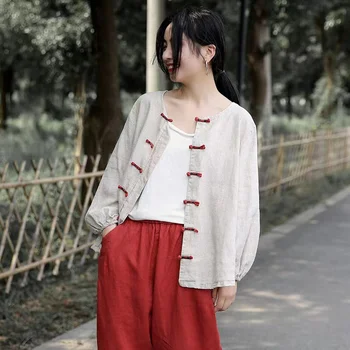Бельо риза с етнически принтом в ретро стил, лятна бельо памучен дамски дрехи, пролет и есен, свободна литература, китайски жена топ