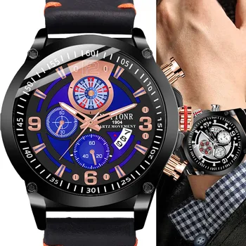 NOTIONR Водоустойчив мъжки спортен часовник с фалшива трехглазым циферблат, нощен светящимся указател, часовник с календар, мъжки кожени кварцов часовник