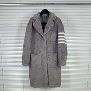 Дамско дълго палто-жилетка Fuzzy TB води до пренебрегване том с флисовым ревера, отворен отпред, вълнена меховое топло зимно палто, якета, дизайнерски палто на ивици