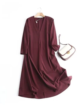 Новост 2023, женски офис рокля midi вино-червено на цвят, с дълъг ръкав и V-образно деколте, елегантен тънък дамски рокли