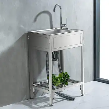 Кухненски проста мивка от неръждаема стомана, купа за зеленчуци, единична мивка, подови кухня с монтиране на стена, преграда, мивка за измиване на съдове