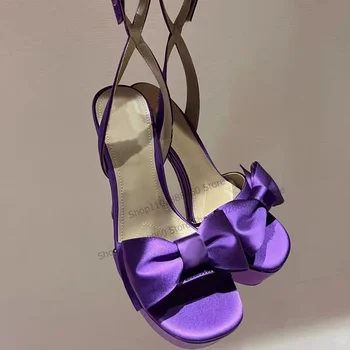 Пурпурни копринени сандали на платформа с лък и възел; дамски обувки на висок масивна ток с каишка и катарама на щиколотке; пикантни Zapatillas Mujer