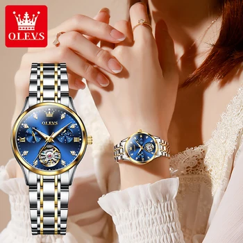OLEVS 2023 Нова тенденция, дамски механични часовници с турбийоном, каишка от неръждаема стомана, водоустойчив дамски часовник с високо качество
