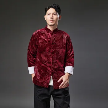Зимни топли мъжки ризи за бойни изкуства Тай чи кунг-фу, китайска традиционна яке с дълъг ръкав, ежедневни риза за упражнения и медитация ушу