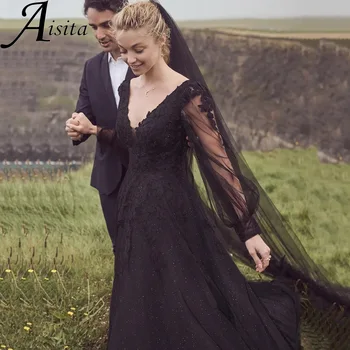 Remarkbale Черно Сватбена рокля с V-образно деколте и дълги ръкави Трапецовидна форма С Кружевными Апликации, Сватбена Рокля с отворен гръб и Влак, Блестящо Сватбена Рокля De Mariée