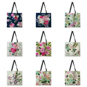 Чанта с флорални принтом, торбичка от ленена тъкан, ежедневни сгъваема чанта за пазаруване, градинска и плажна чанта, ежедневна чанта