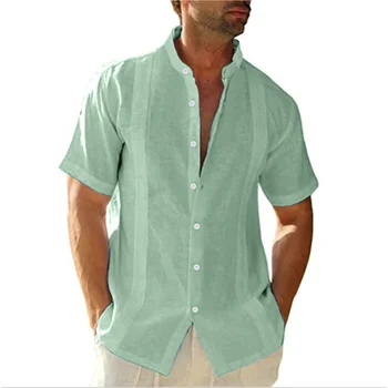 Мъжки ризи младежки всеки ден от памук и лен с висока яка, мъжки ризи с къс ръкав, риза с висока яка с къс ръкав