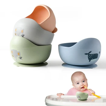 Силиконовата купа за хранене на бебето с лъжичка, прибори за хранене, детска издънка с анимационни модел, не съдържат бисфенол А, силиконови прибори за хранене за деца