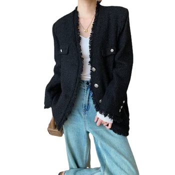 Висококачествен корейски версия на есен френска елегантен дамски яке с V образно деколте, палта, твидовые къси черни върхове