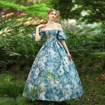 Жена викторианска принцеса рокля с открити рамене, маслени бои, рокля с цветен модел, Лолита, френското пищни винтажное бална рокля, костюм за cosplay