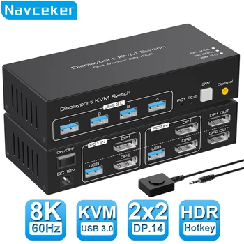 Navceker Двухмониторный DP KVM Превключвател 4K 120Hz 2x2 USB 3.0, HDMI KVM превключвател, 2 входа и 2 изхода 8K 60Hz Разход на дисплея 2 монитора и 2 компютъра