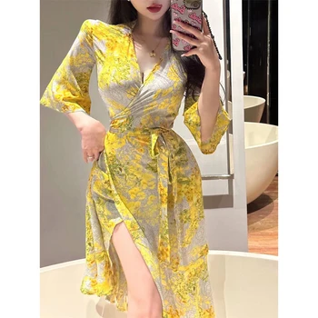 2023 Жълт халат, винтажное елегантна рокля с аромат и цветен принтом, секси дълга рокля с колан под формата на рибено опашката, вечерна рокля, Vestidos