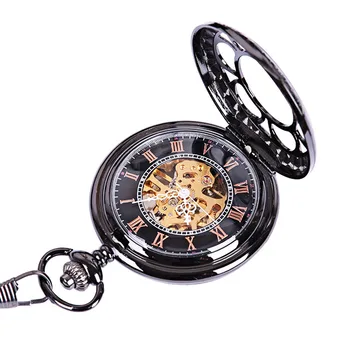 Луксозни черни механични джобни часовници за мъже и жени, куха обвивка с виртуален скелет, циферблат с римски цифри, ключодържател, верижка, колекция висящи часа