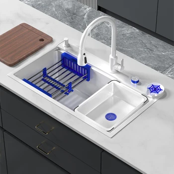 Кухненска мивка цвят на слонова кост, бяло стълбище, голяма мивка, нано-млечно бяла мивка за зеленчуци, захранващи сапун, устройство за изплакване на чаши