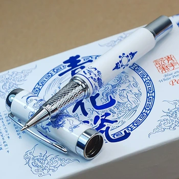 Jinhao Елегантна бяло-синя порцеланова химикалка химикалка с дракон JR882