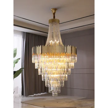 Led осветление на висящи лампи Декор на стая Голям кристален полилей златното украшение на дневната луксозни вили 