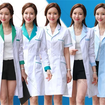 2023 Женски лабораторен халат, модерен медицински униформи, дълго яке с странични ремъци, къс ръкав / работно облекло с дълъг ръкав, фармацевтичен бяла престилка