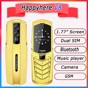 Нова Отключване V8 Bar Луксозни Метални Телефон Ръчно изработени quadband телефони Кожен калъф с Две sim-карти, Bluetooth FM радио Бутон мобилен телефон