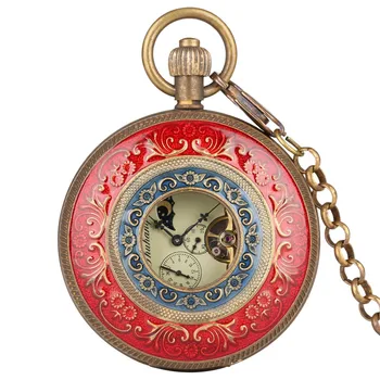 Ретро механични джобни часовници за мъже и жени, хоризонтални фази, Луната, Слънцето, 24-часови джобен часовник с виртуален скелет, подарък за джобен часовник