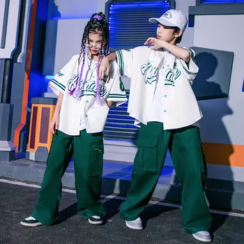 Детски облекла в стил хип-хоп, бяла бейзболна риза и жилетка оверсайз, зелени ежедневни улични панталони-карго за момичета, танцов костюм за момчета, дрехи