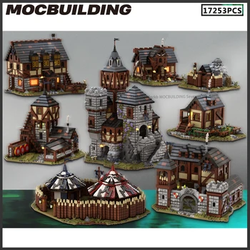 MOC Строителни блокове, средновековното селище, модел на замъка, направи си сам, тухлена къща, ферма, лагер, златна мина, архитектурни играчки, подаръци за рожден ден за деца