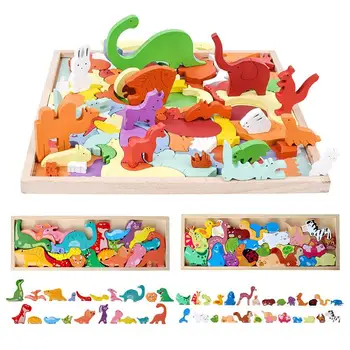20 бр. дървени играчки, цветни мультяшные животни, динозаври, строителен пъзел с горски животни, с дървена кутия, образователни играчки, стикер за деца