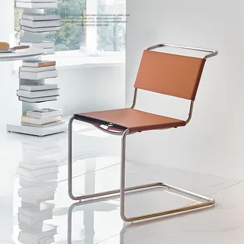 JOYLIVE Nordic Home Мебели за хола Ins Wind Тръба от неръждаема стомана стол Седло кожен задната седалка на Стол за преговори за почивка