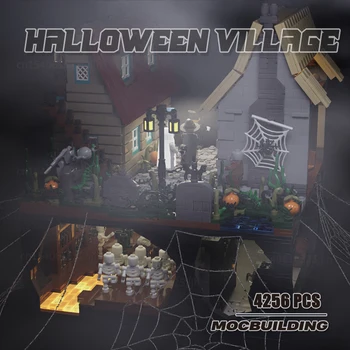 Сезонен градивен елемент на MOC с духове, кости, село в Хелоуин, монтаж със собствените си ръце, тухли, растения, цветя, играчки за детски подарък