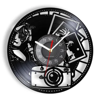 Снимка Vinyl плоча Стенни часовници Начало декор Затвор на обектива Филмова камера Цифров Ретро фотосесия Арт-фотограф, стенни часовници
