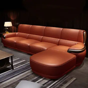 Диван в скандинавски стил, Италия, за първи слой от телешка кожа, от масивно дърво, ъглов диван, малък апартамент, хол, разход на разтегателен диван и фотьойл
