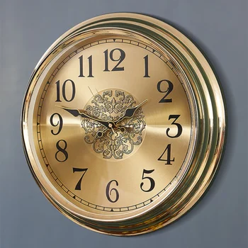 Кварцов стенен часовник за всекидневната, златни безшумни кръгли уникални стенни часовници, украса от стъкло, старомодна механизъм, спалня, Saat Art Decor
