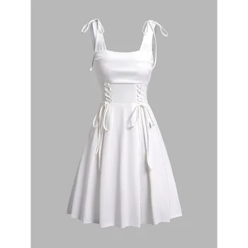 Dressfo, женствена рокля, винтажное рокля в стила на корсет от дантела, однотонное мини-рокля с завязками, модерно однотонное рокля без ръкави 2023