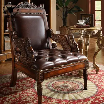 Обичай американски европейския ретро издълбани стол за почивка от масивна дървесина с ядро от махагон, кожен кафяв изсечен квадратен майсторски стол, стол лебединый