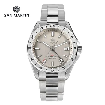 Часовници San Martin SN0129 Мъжки 39 мм Луксозни Бизнес Часовници GMT Watch NH34 Автоматични Механични Прозорци с Датата на Водоустойчивост 100 метра Светещи