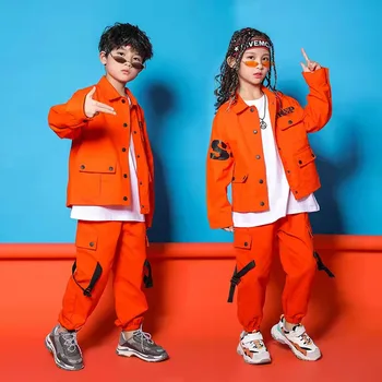 Джаз костюми Orange обков яке с дълъг ръкав, Панталони Облекло за улични танци за момчета от хип-хоп денс комплект сценична танцови облекла за деца