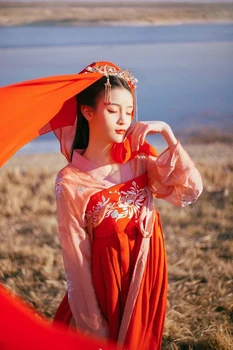 Китайски народен танцов костюм за жени, традиционни женствена рокля на принцеса на династия Тан Ханфу, облекла за танци фея на династия Хан