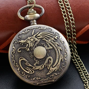 Кварцови часовници джоб с бронзов огнения дракон с веригата, мъжки и женски ретро-окачване в стил steampunk, колие, часовници CF1040