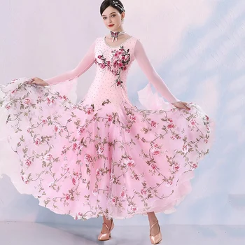Rose женствена рокля за състезания по танци балната зала, стандартно облекло да се изяви в един валс, дълги ръкави, съвременни танцови облекла, костюми