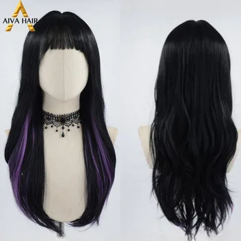 AIVA Hair Синтетични перука е черен на цвят, с бретон, евтини напълно преработени термоустойчиви синтетични перуки за cosplay за черни жени 180%