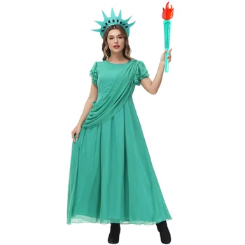 Жена секси костюм на статуята на Свободата, зелено шифоновое вечерна дълга рокля, костюм на гръцката богиня за възрастни, дамско облекло за Хелоуин