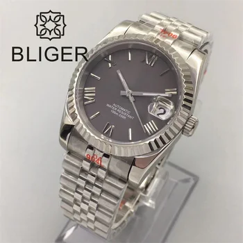 Мъжки автоматичен часовник BLIGER 36 мм/39 мм със сив циферблат NH35, сребристо нагъната bezel, син сапфир гривна с кристали, юбилейна подвижен замък