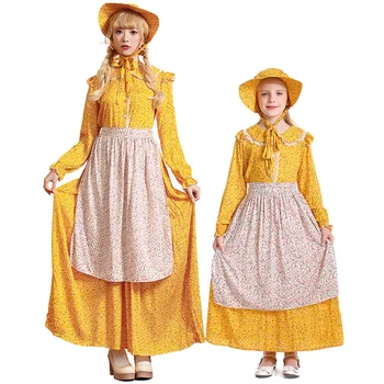 Жълто цвете костюм за майка и дъщеря в колониален стил, роклята е в стил кънтри стил на прерията, женски костюми за cosplay на Хелоуин, на мама