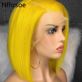 Жълт кратък перука Боб 180% плътност 13x4 синтетични косми на дантели от човешка коса, перуки за жени, прозрачни прав перуки на дантели Боб, предварително оскубани