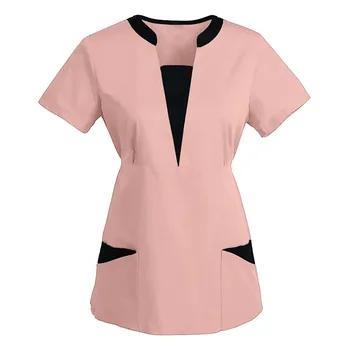 Дамски униформи с къс ръкав и V-образно деколте, работна униформа на лекар, обикновен пуловер в стил мозайка, най-горния джоб, аксесоари за медицински сестри, медицински аксесоари
