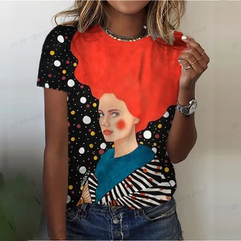 Лятна дамска тениска с цветен художествена рисувани тениски с принтом в стил харадзюку, модни дамски тениска в ретро стил с къс ръкав