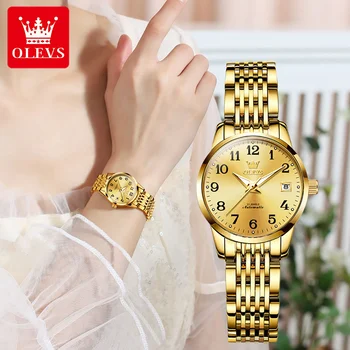 OLEVS 6666 Оригинални дамски часовници с механично календар, водоустойчив светещи автоматични часовници за жени, луксозни дамски ръчен часовник