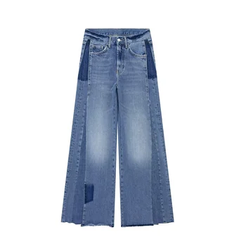 Дамски реколта тъмно сини широки панталони от антични деним в стил мозайка, пролет 2023, дамски дънки с висока талия, модерни дънки за момичета неправилни форми