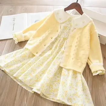 Пролетно-есенен комплект дрехи за момичета, на новост 2023 г., детско вязаное палто + рокля с цветен модел, комплект от две части