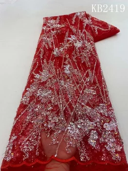 Последователност Завързана кърпа Сватбена рокля за жените 2023 Булката Лейси плат с пайети Френска мрежест Тюл Лейси мрежа за сватбени рокли KB2419